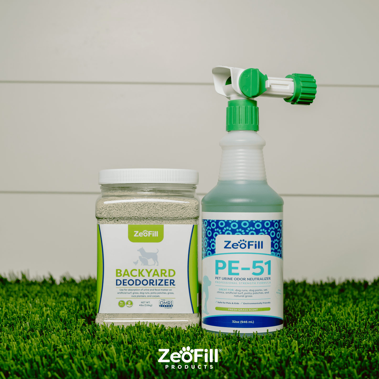 4lb. Backyard Deodorizer jar next to PE-51 32oz bottle with attached spray nozzle.