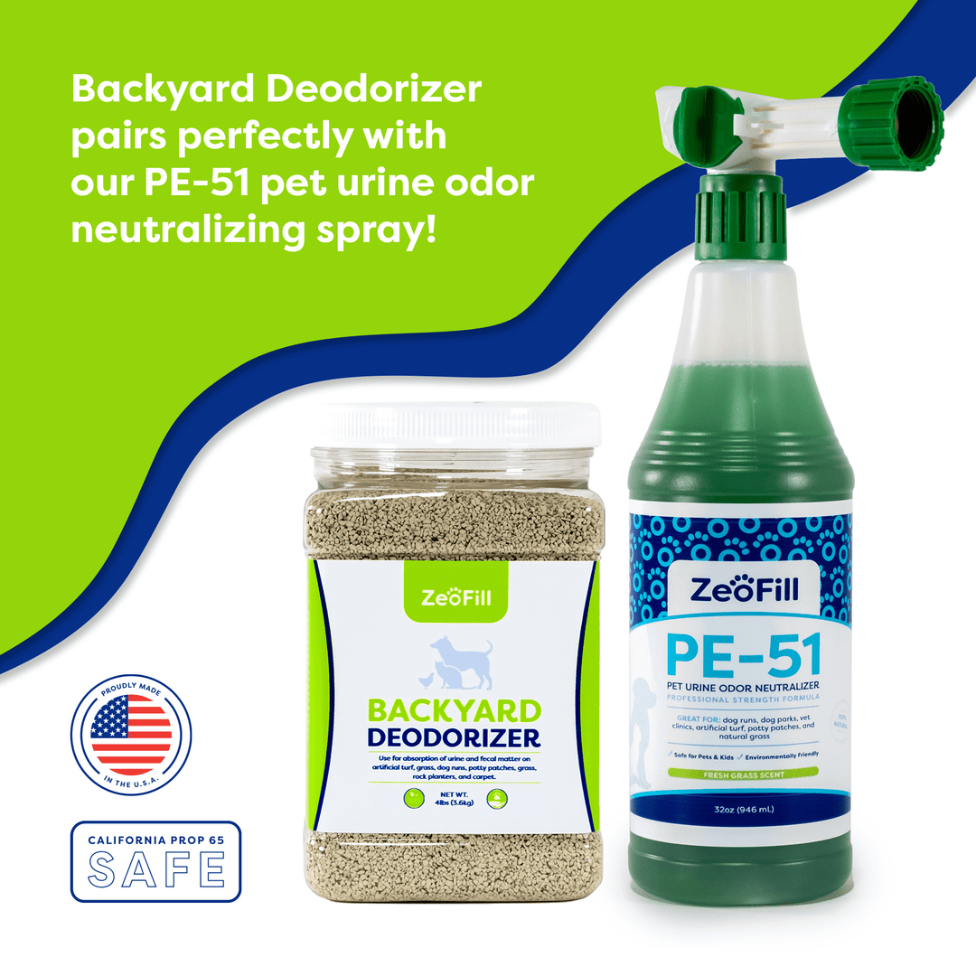 INFOGRAPHIC. "Backyard Deodorizer pairs perfectly with our PE-51 pet urine odor neutralizing spray." Proudly made in the USA. California Prop 65 SAFE.